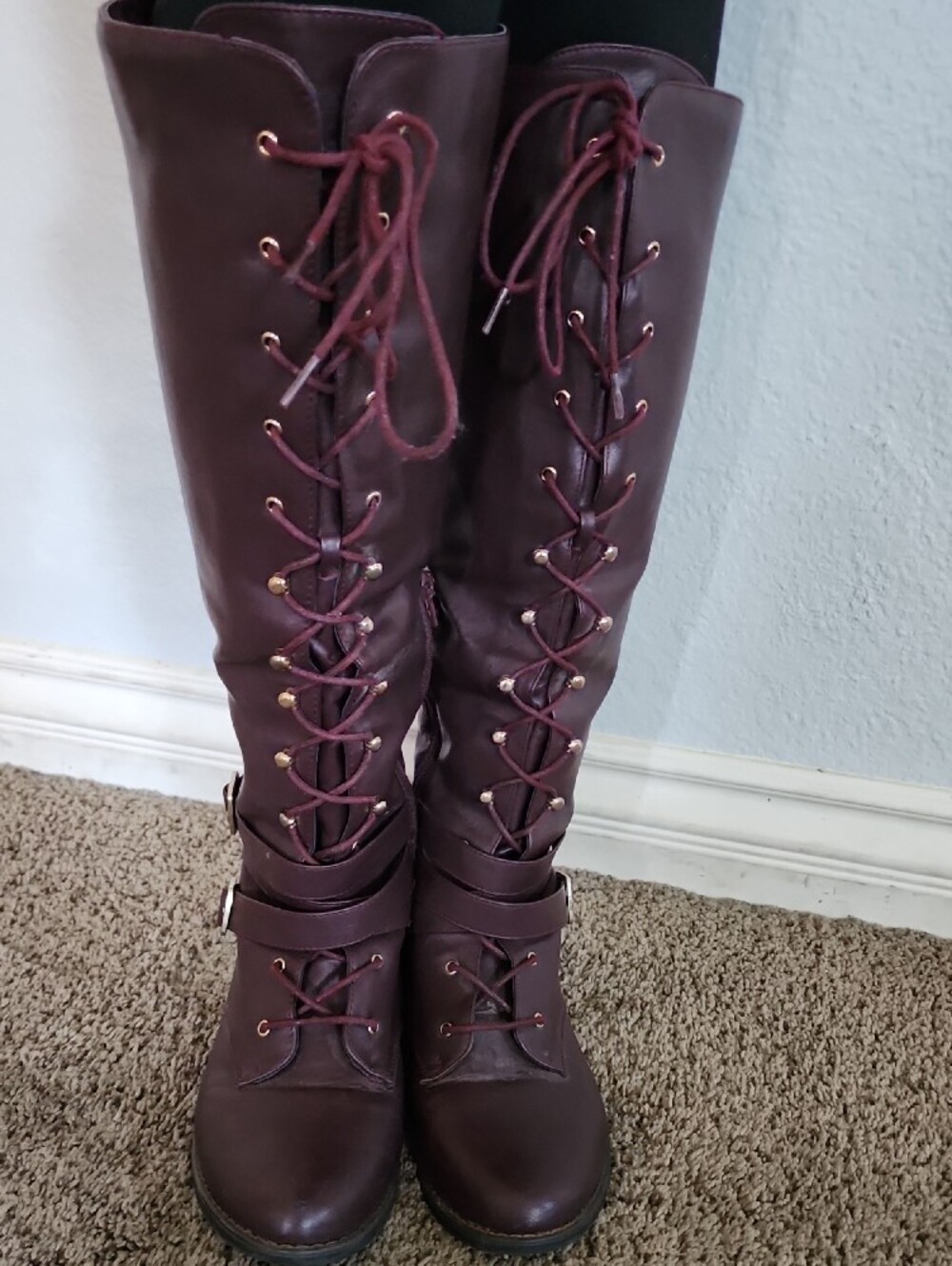 Shoe Dazzle Women's Tall Lace-Up Riding Boots in Burgundy - Picture 2 of 6